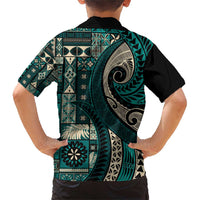 Vintage Samoa Siapo Mamanu Family Matching Short Sleeve Bodycon Dress and Hawaiian Shirt Teal Samoan Tapa Motif - Polynesian Pride