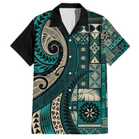 Vintage Samoa Siapo Mamanu Family Matching Short Sleeve Bodycon Dress and Hawaiian Shirt Teal Samoan Tapa Motif - Polynesian Pride