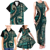 Vintage Samoa Siapo Mamanu Family Matching Tank Maxi Dress and Hawaiian Shirt Teal Samoan Tapa Motif - Polynesian Pride