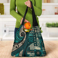 Vintage Samoa Siapo Mamanu Grocery Bag Teal Samoan Tapa Motif - Polynesian Pride