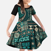 Vintage Samoa Siapo Mamanu Kid Short Sleeve Dress Teal Samoan Tapa Motif LT9 KID Teal - Polynesian Pride