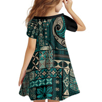 Vintage Samoa Siapo Mamanu Kid Short Sleeve Dress Teal Samoan Tapa Motif LT9 - Polynesian Pride
