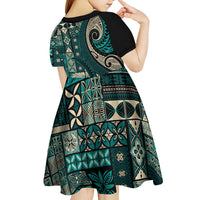 Vintage Samoa Siapo Mamanu Kid Short Sleeve Dress Teal Samoan Tapa Motif LT9 - Polynesian Pride