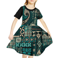Vintage Samoa Siapo Mamanu Kid Short Sleeve Dress Teal Samoan Tapa Motif LT9 - Polynesian Pride
