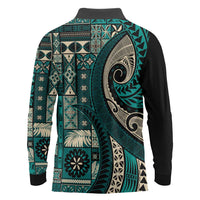 Vintage Samoa Siapo Mamanu Long Sleeve Polo Shirt Teal Samoan Tapa Motif LT9 - Polynesian Pride