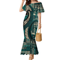 Vintage Samoa Siapo Mamanu Mermaid Dress Teal Samoan Tapa Motif LT9 Women Teal - Polynesian Pride