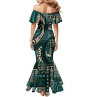Vintage Samoa Siapo Mamanu Mermaid Dress Teal Samoan Tapa Motif LT9 - Polynesian Pride