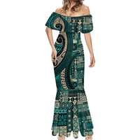 Vintage Samoa Siapo Mamanu Mermaid Dress Teal Samoan Tapa Motif LT9 - Polynesian Pride