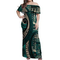 Vintage Samoa Siapo Mamanu Off Shoulder Maxi Dress Teal Samoan Tapa Motif - Polynesian Pride