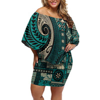 Vintage Samoa Siapo Mamanu Off Shoulder Short Dress Teal Samoan Tapa Motif LT9 Women Teal - Polynesian Pride