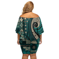 Vintage Samoa Siapo Mamanu Off Shoulder Short Dress Teal Samoan Tapa Motif LT9 - Polynesian Pride
