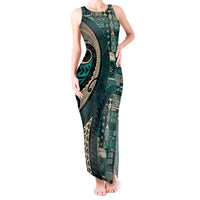 Vintage Samoa Siapo Mamanu Tank Maxi Dress Teal Samoan Tapa Motif LT9 Women Teal - Polynesian Pride