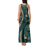 Vintage Samoa Siapo Mamanu Tank Maxi Dress Teal Samoan Tapa Motif LT9 - Polynesian Pride