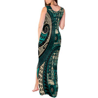 Vintage Samoa Siapo Mamanu Tank Maxi Dress Teal Samoan Tapa Motif LT9 - Polynesian Pride