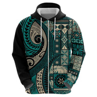 Vintage Samoa Siapo Mamanu Zip Hoodie Teal Samoan Tapa Motif - Polynesian Pride
