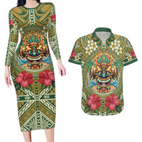 Hawaii Tiki Mask Personalized Couples Matching Long Sleeve Bodycon Dress and Hawaiian Shirt Mele Kalikimaka i Iulai!