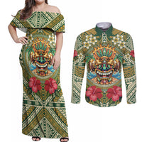 Hawaii Tiki Mask Personalized Couples Matching Off Shoulder Maxi Dress and Long Sleeve Button Shirt Mele Kalikimaka i Iulai!