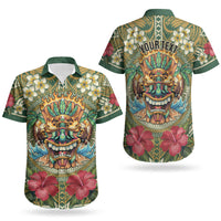 Hawaii Tiki Mask Personalized Couples Matching Off The Shoulder Long Sleeve Dress and Hawaiian Shirt Mele Kalikimaka i Iulai! LT9 - Polynesian Pride