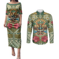 Hawaii Tiki Mask Personalized Couples Matching Puletasi and Long Sleeve Button Shirt Mele Kalikimaka i Iulai! LT9 Green - Polynesian Pride
