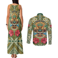Hawaii Tiki Mask Personalized Couples Matching Tank Maxi Dress and Long Sleeve Button Shirt Mele Kalikimaka i Iulai!
