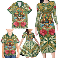 Hawaii Tiki Mask Personalized Family Matching Long Sleeve Bodycon Dress and Hawaiian Shirt Mele Kalikimaka i Iulai!