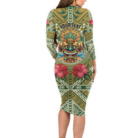 Hawaii Tiki Mask Personalized Family Matching Long Sleeve Bodycon Dress and Hawaiian Shirt Mele Kalikimaka i Iulai!