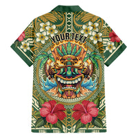 Hawaii Tiki Mask Personalized Family Matching Mermaid Dress and Hawaiian Shirt Mele Kalikimaka i Iulai! LT9 Dad's Shirt - Long Sleeve Green - Polynesian Pride