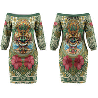Hawaii Tiki Mask Personalized Family Matching Off The Shoulder Long Sleeve Dress and Hawaiian Shirt Mele Kalikimaka i Iulai! LT9 Mom's Dress Green - Polynesian Pride