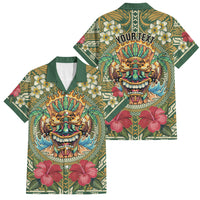 Hawaii Tiki Mask Personalized Family Matching Off The Shoulder Long Sleeve Dress and Hawaiian Shirt Mele Kalikimaka i Iulai! LT9 Dad's Shirt - Short Sleeve Green - Polynesian Pride