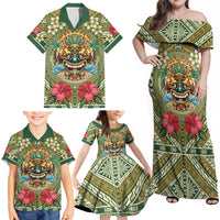 Hawaii Tiki Mask Personalized Family Matching Off Shoulder Maxi Dress and Hawaiian Shirt Mele Kalikimaka i Iulai!