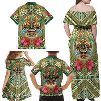 Hawaii Tiki Mask Personalized Family Matching Off Shoulder Maxi Dress and Hawaiian Shirt Mele Kalikimaka i Iulai!
