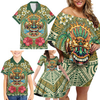Hawaii Tiki Mask Personalized Family Matching Off Shoulder Short Dress and Hawaiian Shirt Mele Kalikimaka i Iulai!