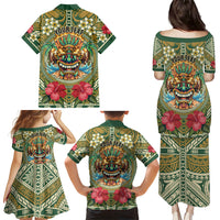 Hawaii Tiki Mask Personalized Family Matching Puletasi and Hawaiian Shirt Mele Kalikimaka i Iulai! LT9 Mom's Dress Green - Polynesian Pride