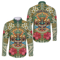 Hawaii Tiki Mask Personalized Family Matching Puletasi and Hawaiian Shirt Mele Kalikimaka i Iulai! LT9 Dad's Shirt - Long Sleeve Green - Polynesian Pride