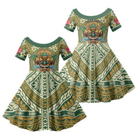 Hawaii Tiki Mask Personalized Family Matching Puletasi and Hawaiian Shirt Mele Kalikimaka i Iulai! LT9 Daughter's Dress Green - Polynesian Pride
