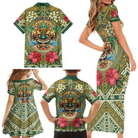 Hawaii Tiki Mask Personalized Family Matching Short Sleeve Bodycon Dress and Hawaiian Shirt Mele Kalikimaka i Iulai!
