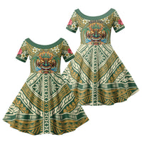 Hawaii Tiki Mask Personalized Family Matching Summer Maxi Dress and Hawaiian Shirt Mele Kalikimaka i Iulai! LT9 Daughter's Dress Green - Polynesian Pride