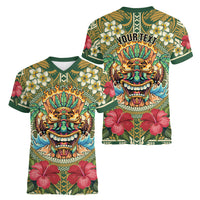 Hawaii Tiki Mask Personalized Women V-Neck T-Shirt Mele Kalikimaka i Iulai!