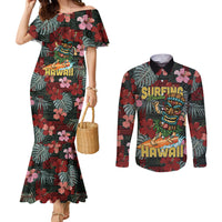Hawaii Tiki Surfing Couples Matching Mermaid Dress and Long Sleeve Button Shirt Mele Kalikimaka i Iulai!