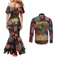 Hawaii Tiki Surfing Couples Matching Mermaid Dress and Long Sleeve Button Shirt Mele Kalikimaka i Iulai!