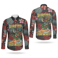 Hawaii Tiki Surfing Couples Matching Off The Shoulder Long Sleeve Dress and Long Sleeve Button Shirt Mele Kalikimaka i Iulai! LT9 - Polynesian Pride