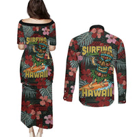 Hawaii Tiki Surfing Couples Matching Puletasi and Long Sleeve Button Shirt Mele Kalikimaka i Iulai!