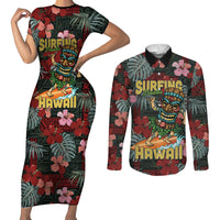 Hawaii Tiki Surfing Couples Matching Short Sleeve Bodycon Dress and Long Sleeve Button Shirt Mele Kalikimaka i Iulai!