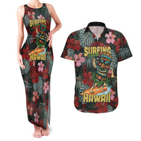 Hawaii Tiki Surfing Couples Matching Tank Maxi Dress and Hawaiian Shirt Mele Kalikimaka i Iulai!