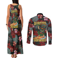 Hawaii Tiki Surfing Couples Matching Tank Maxi Dress and Long Sleeve Button Shirt Mele Kalikimaka i Iulai!