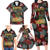 Hawaii Tiki Surfing Family Matching Long Sleeve Bodycon Dress and Hawaiian Shirt Mele Kalikimaka i Iulai!