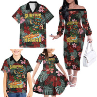 Hawaii Tiki Surfing Family Matching Off The Shoulder Long Sleeve Dress and Hawaiian Shirt Mele Kalikimaka i Iulai!