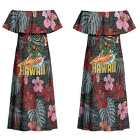 Hawaii Tiki Surfing Family Matching Off Shoulder Maxi Dress and Hawaiian Shirt Mele Kalikimaka i Iulai! LT9 Mom's Dress Black - Polynesian Pride