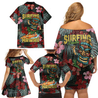Hawaii Tiki Surfing Family Matching Off Shoulder Short Dress and Hawaiian Shirt Mele Kalikimaka i Iulai! LT9 Mom's Dress Black - Polynesian Pride