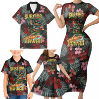 Hawaii Tiki Surfing Family Matching Short Sleeve Bodycon Dress and Hawaiian Shirt Mele Kalikimaka i Iulai! LT9 - Polynesian Pride